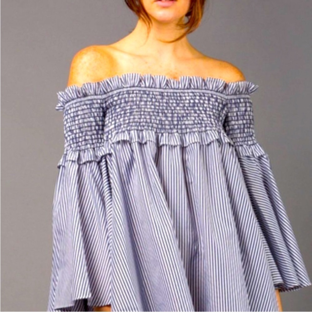 Wren & Willa Navy blue Bell Sleeve Striped off shoulder smocked 
Ruffle Top